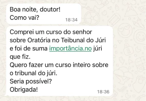 Mensagem de aluna agradecendo pelo curso